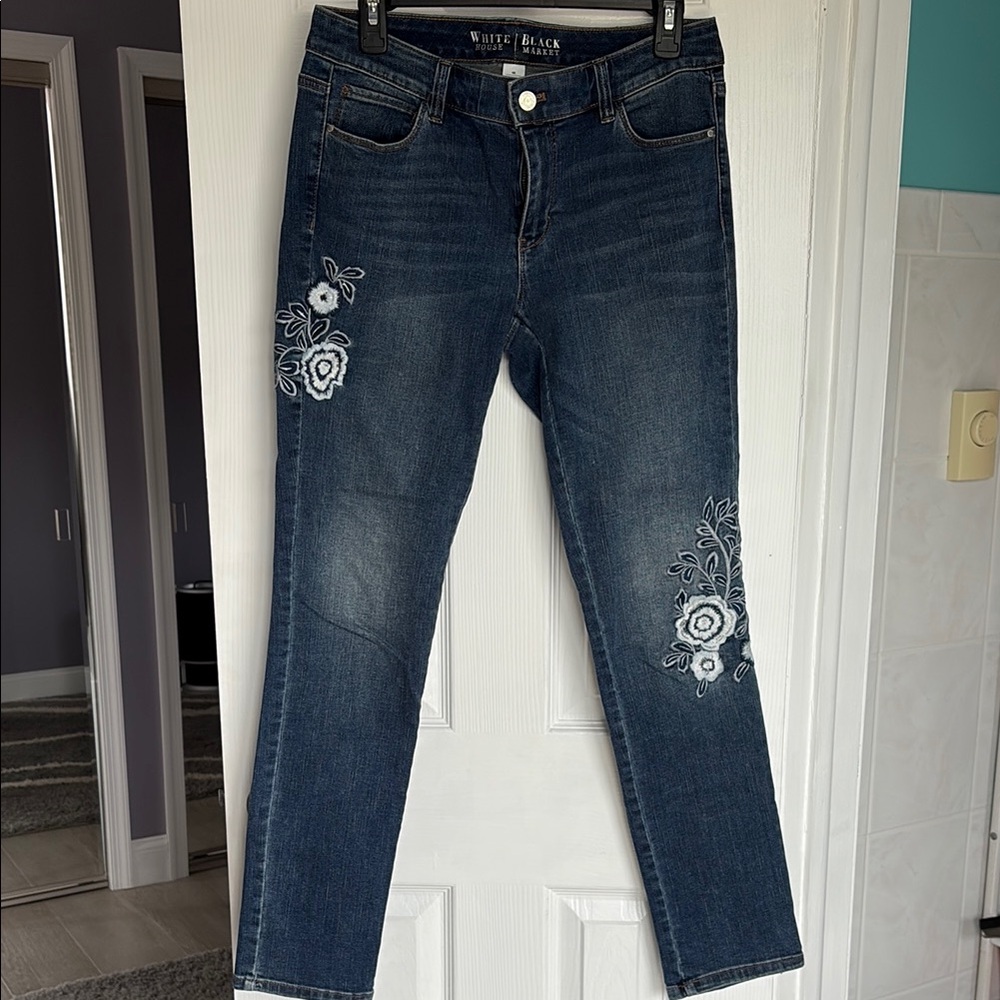 White House Black Market Blue Straight Leg Jeans with Embroidery